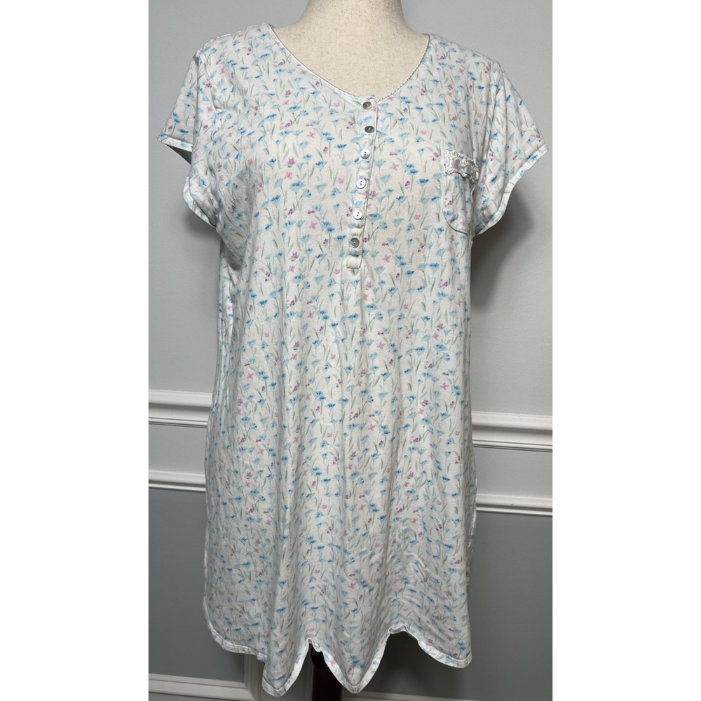 Eileen West (XL) 100% Cotton Nightgown Cap Sleeves Pink Blue Floral Cottagecore